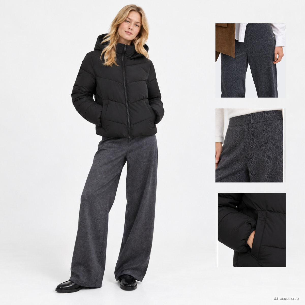 Blondes Model in schwarzer Steppjacke und dunkelgrauer Wide-Leg-Hose vor hellem Hintergrund. Seitliche Detailaufnahmen zeigen Passform, feine Stoffstruktur der Hose und die Verarbeitung der Jackentasche.