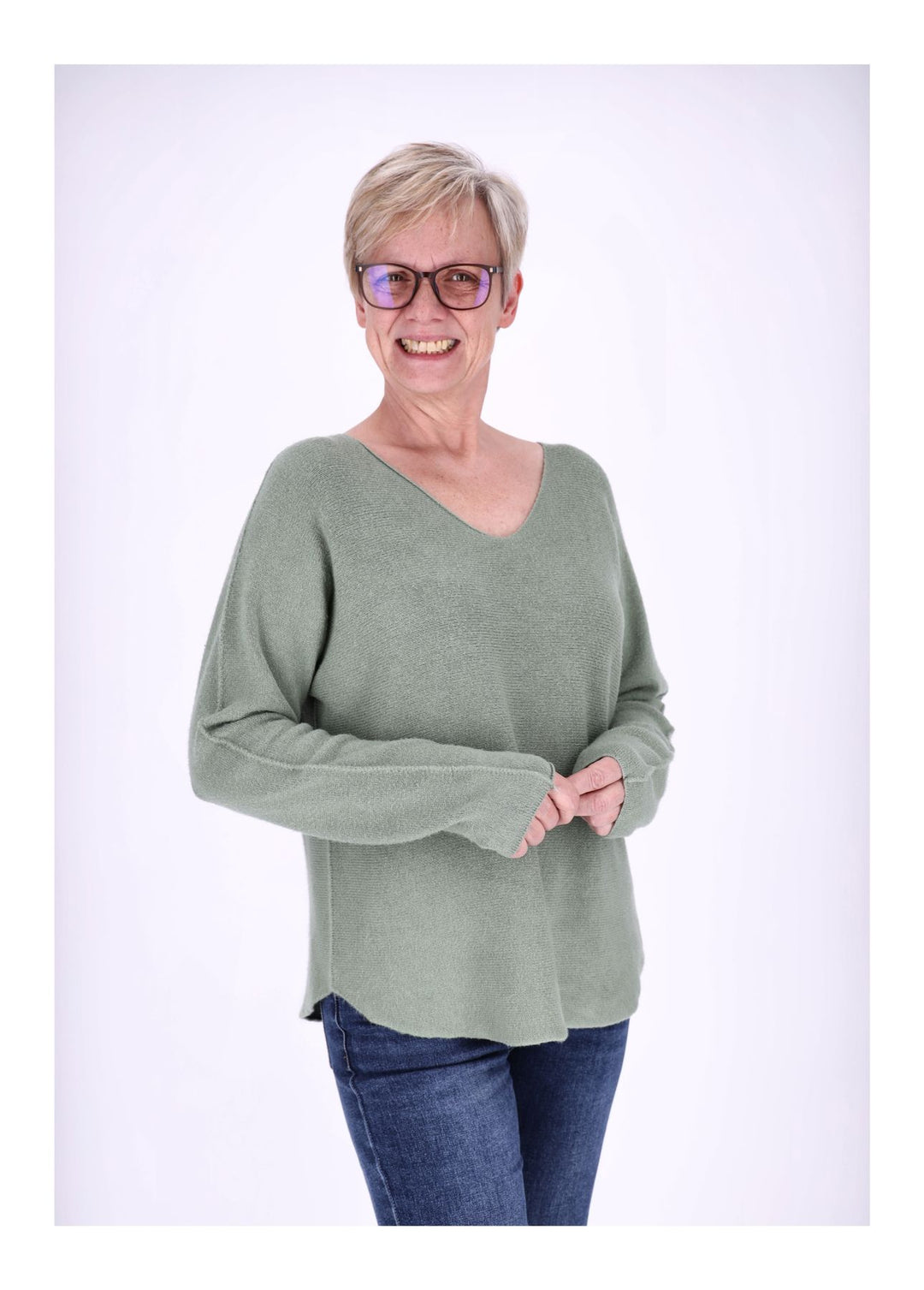 Damen Strickpullover V-Ausschnitt Grün