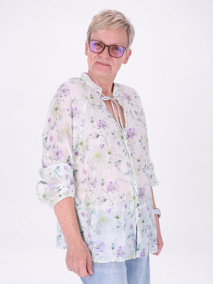 Bluse Damen Ärmelbund Gummizug kleine Knöpfe verschiedene AOP