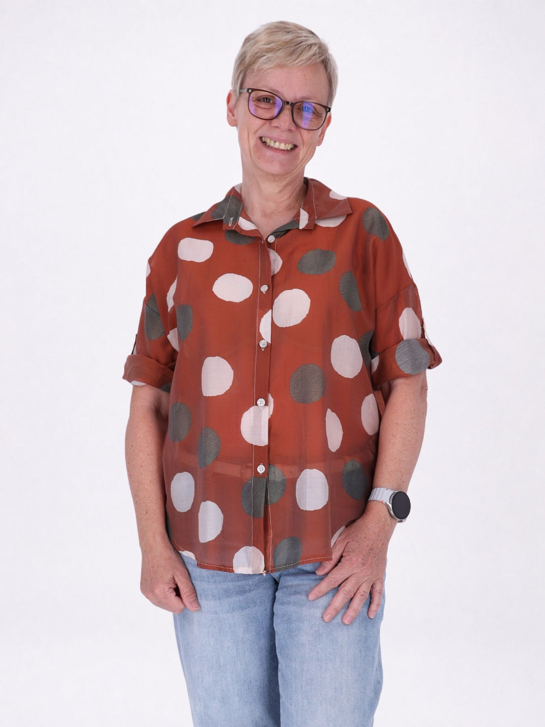 Bluse Damen Kurzarm Krempelbar leichte Qualität AOP