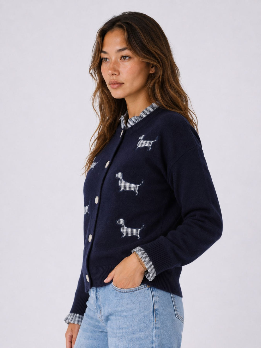 Strickjacke Damen Applikation Dackel Rüschen