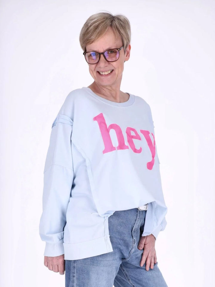 Blaues Damen Oversize Sweatshirt „HEY“ mit Statement-Print