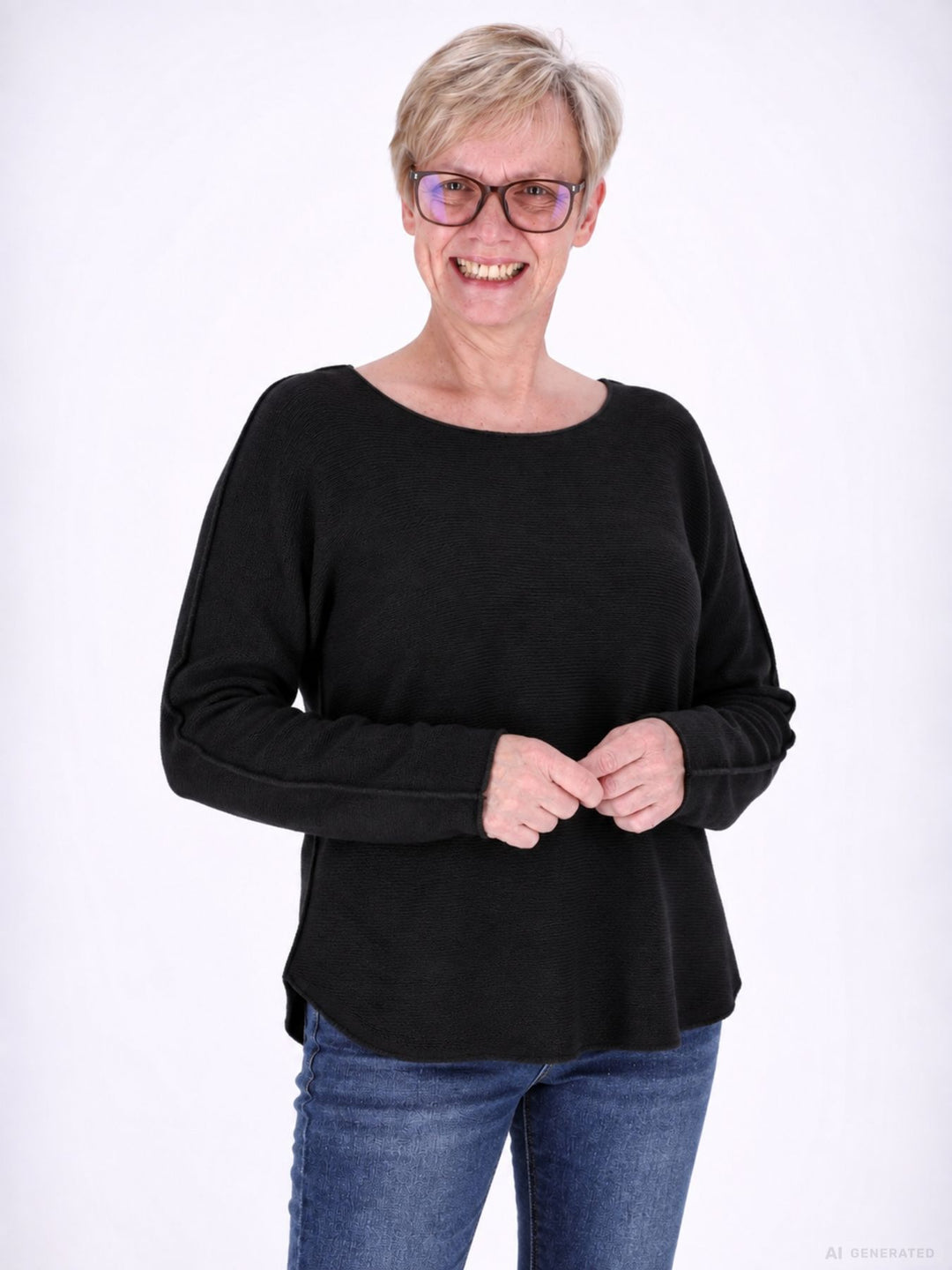 Schwarzer  Strickpullover Damen Rundhals abgerundeter Bund
