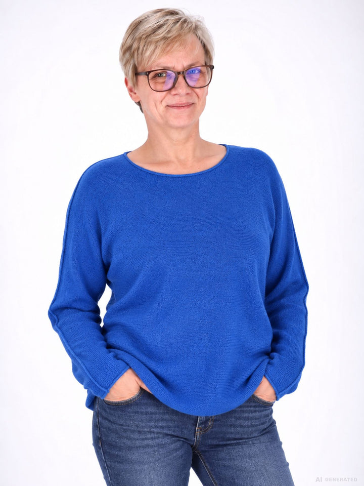 Royal Blue Strickpullover Damen Rundhals abgerundeter Bund