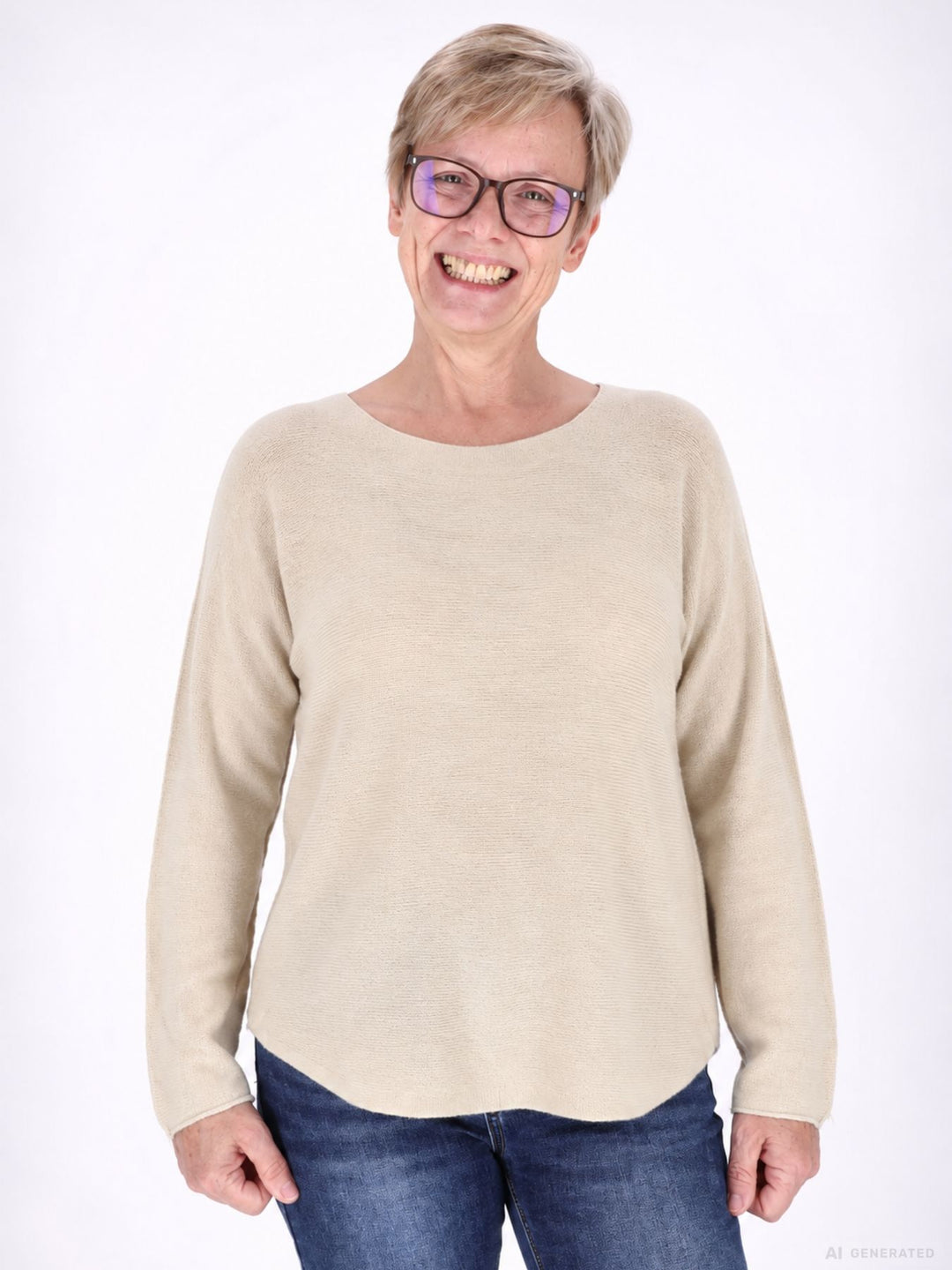 Strickpullover Damen Rundhals abgerundeter Bund in Beige