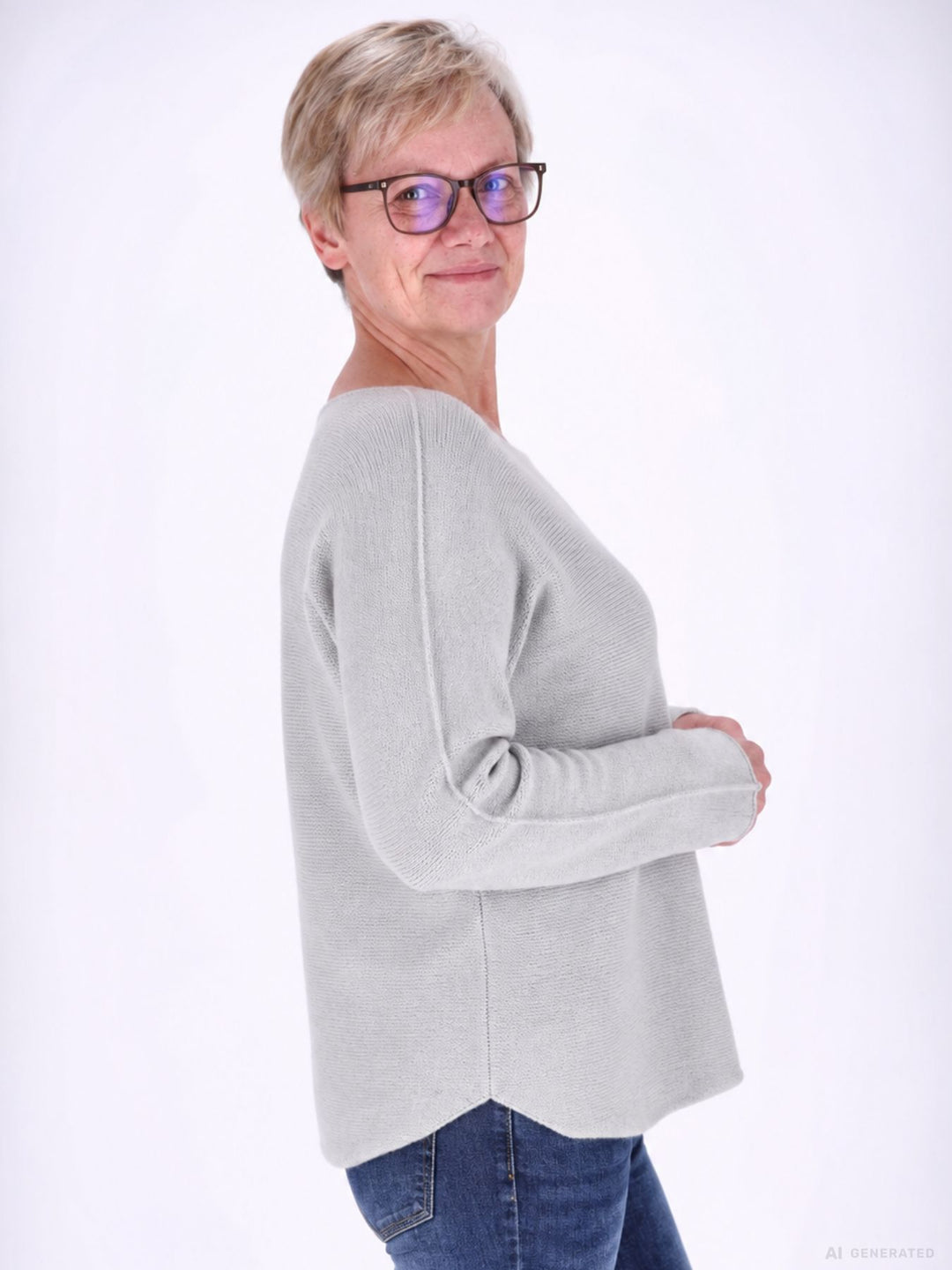 Damen Strickpullover mit Rundhals und abgerundetem Bund – Hellgrau