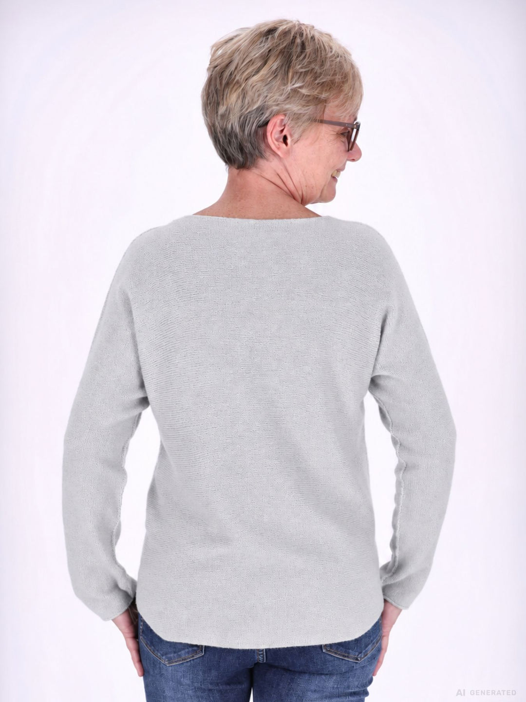 Damen Strickpullover mit Rundhals und abgerundetem Bund – Hellgrau