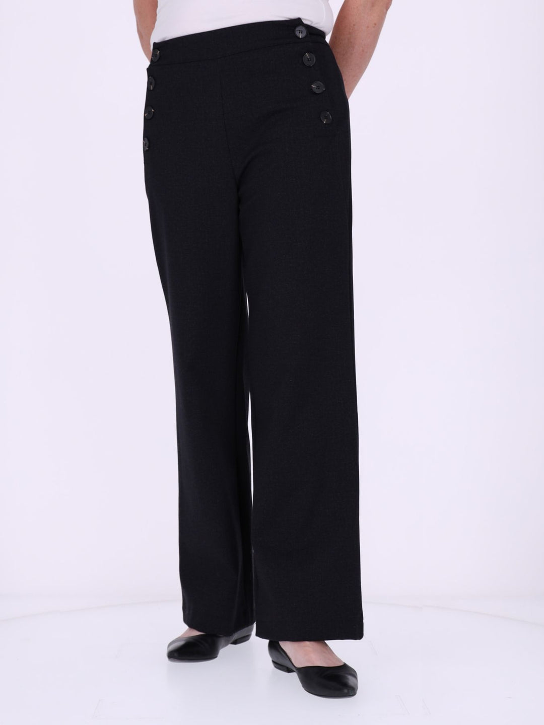 Damen Wide Leg Hose mit seitlichen Knöpfen – Schwarz