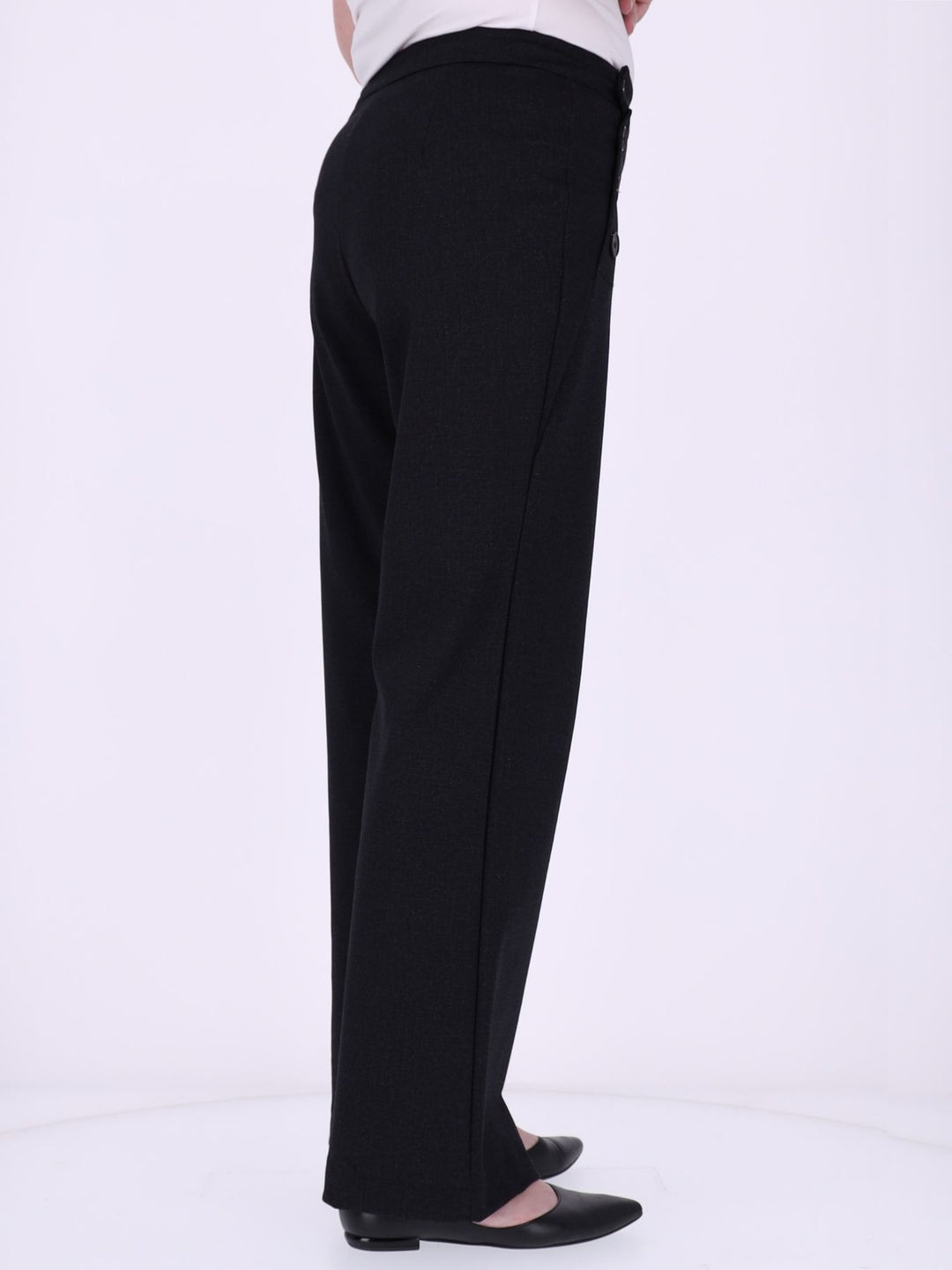 Damen Wide Leg Hose mit seitlichen Knöpfen – Schwarz