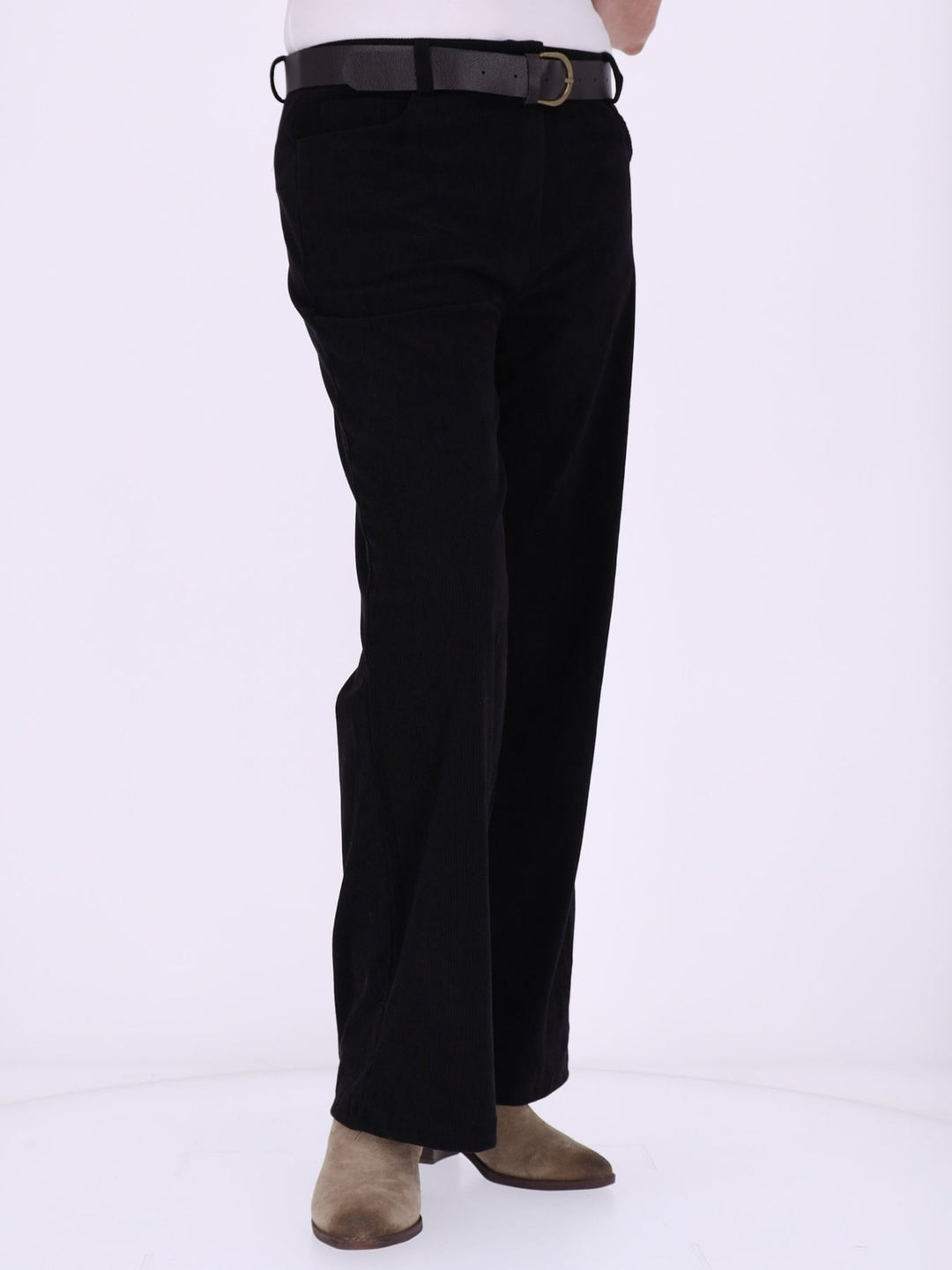 Damen Breitcordhose mit weitem Bein & Gürtel – Schwarz