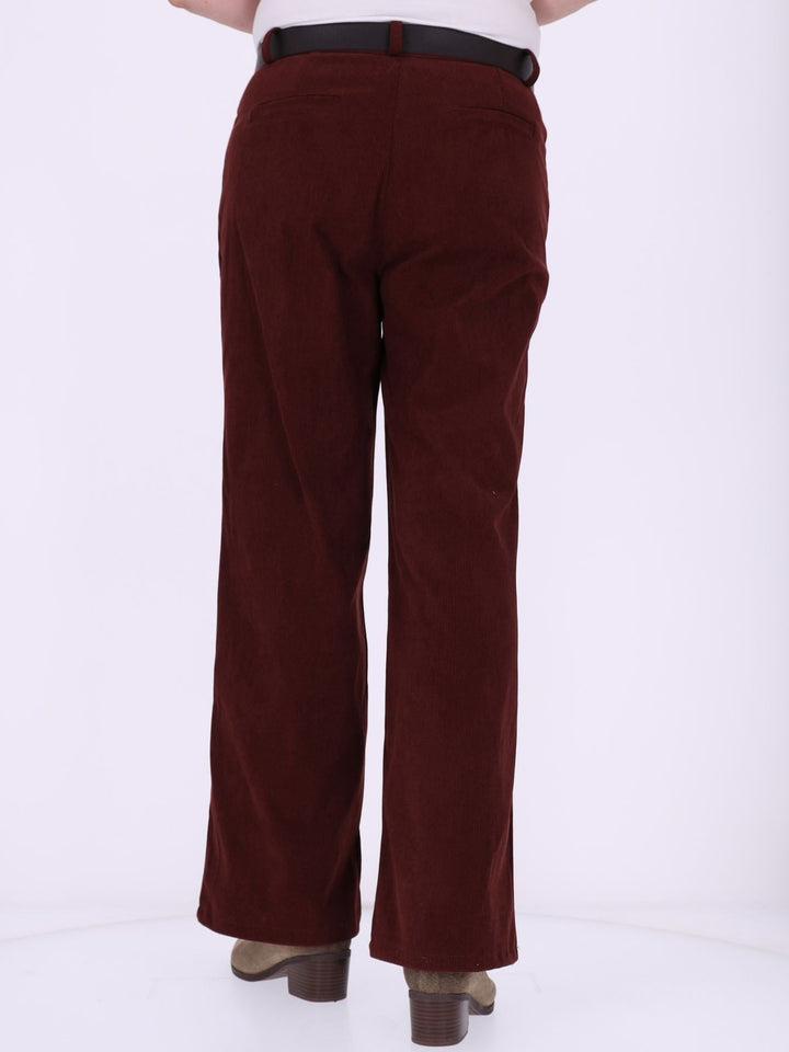 Damen Breitcordhose Wide Leg mit Gürtel – Bordeaux