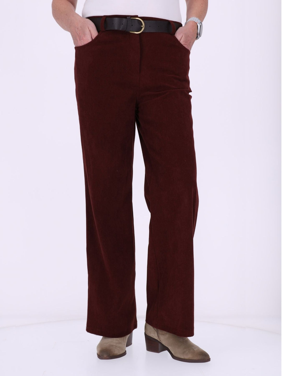 Damen Breitcordhose Wide Leg mit Gürtel – Bordeaux