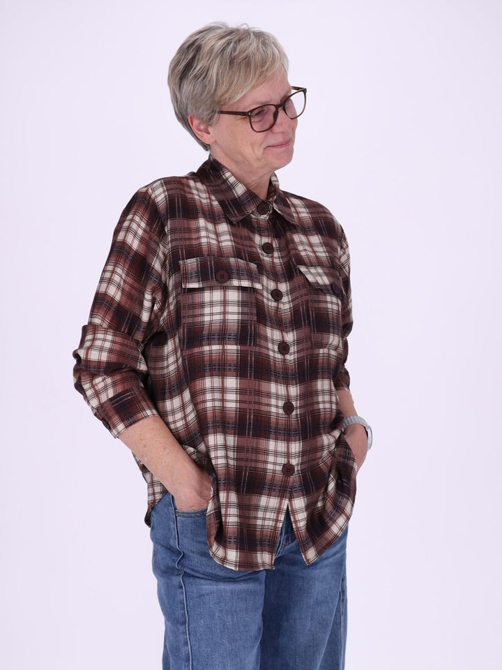 Bluse Damen Karo geknöpfte Brusttaschen