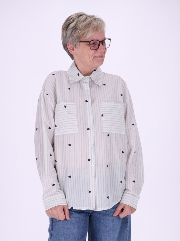 Bluse Damen Streifen Herzchen Stickerei Brusttaschen
