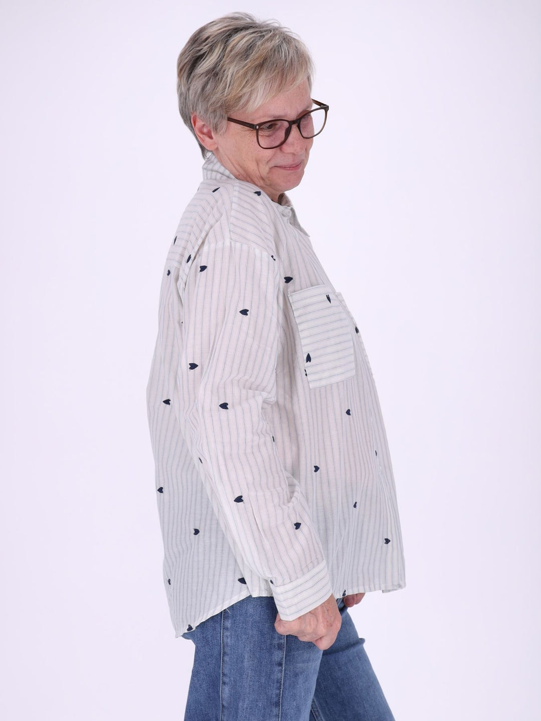 Bluse Damen Streifen Herzchen Stickerei Brusttaschen