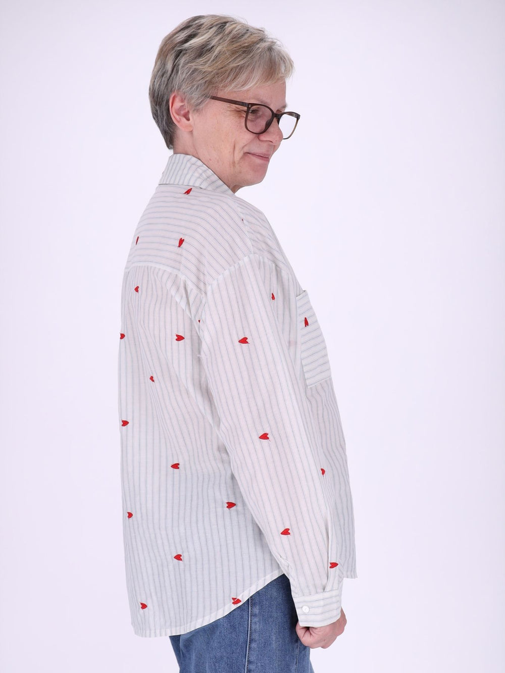 Bluse Damen Streifen Herzchen Stickerei Brusttaschen