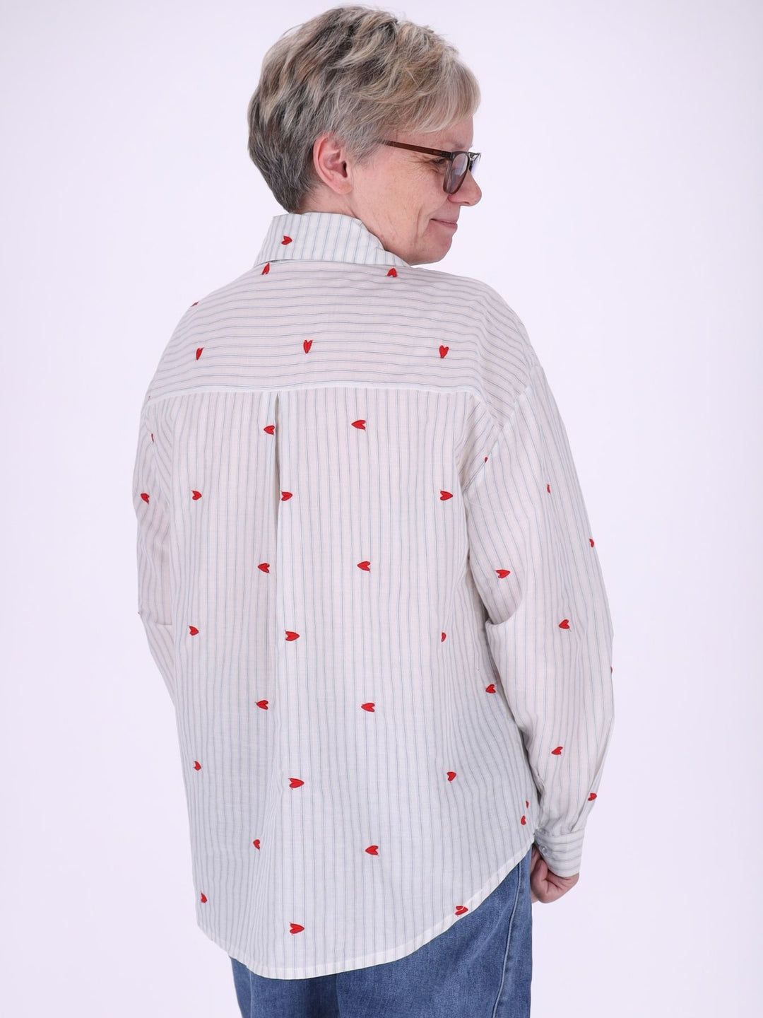 Bluse Damen Streifen Herzchen Stickerei Brusttaschen