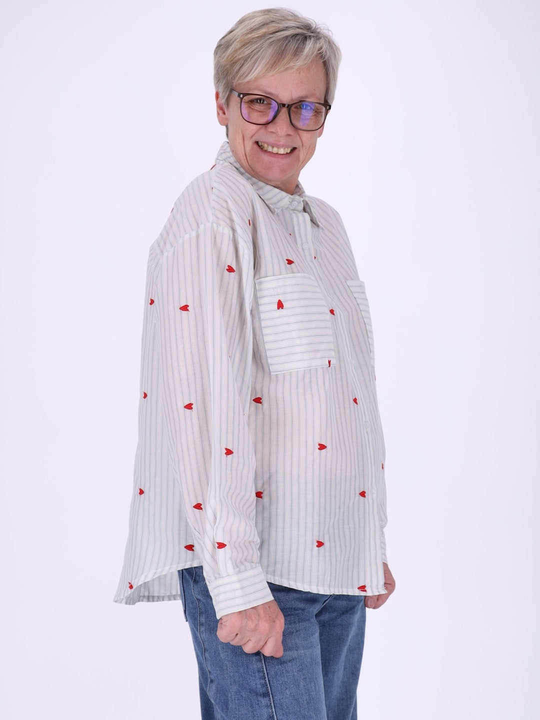 Bluse Damen Streifen Herzchen Stickerei Brusttaschen