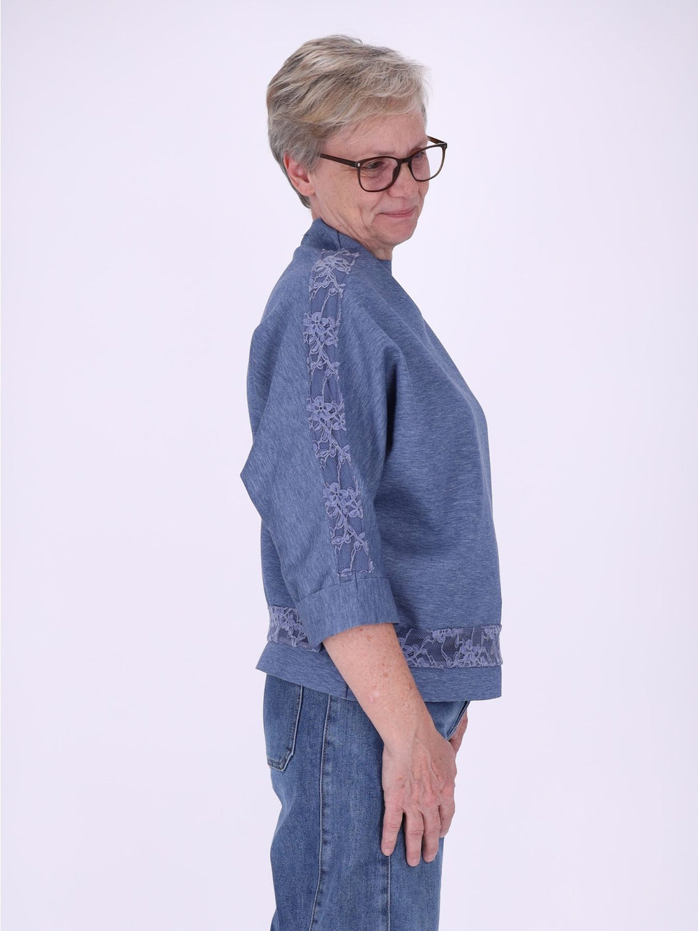 Sweatshirt Damen Spitze an Bund und Ärmel