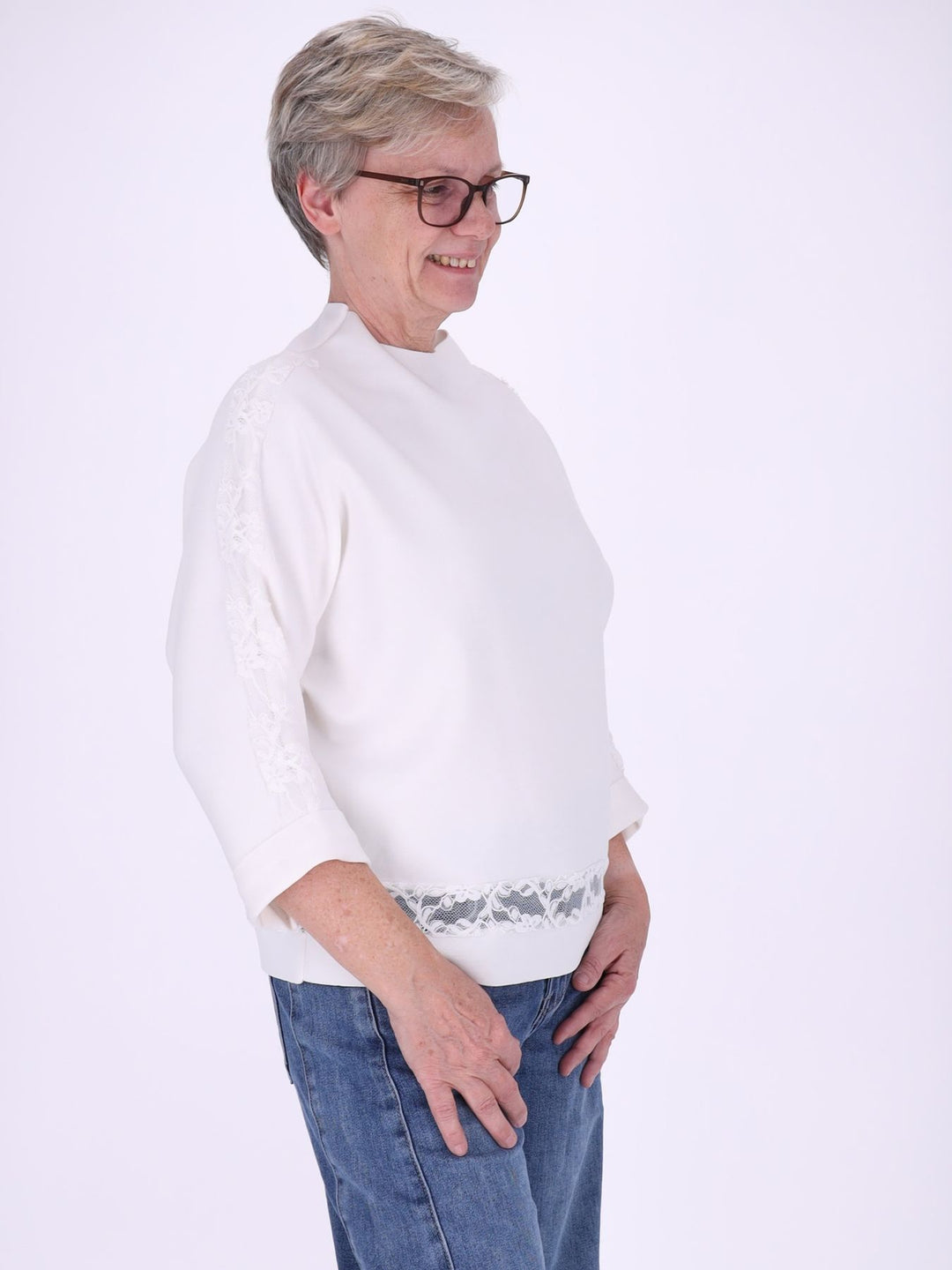Sweatshirt Damen Spitze an Bund und Ärmel