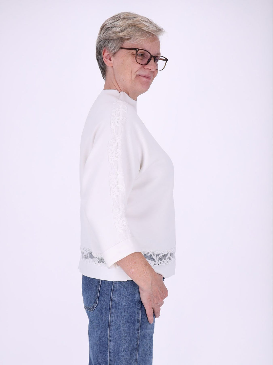 Sweatshirt Damen Spitze an Bund und Ärmel