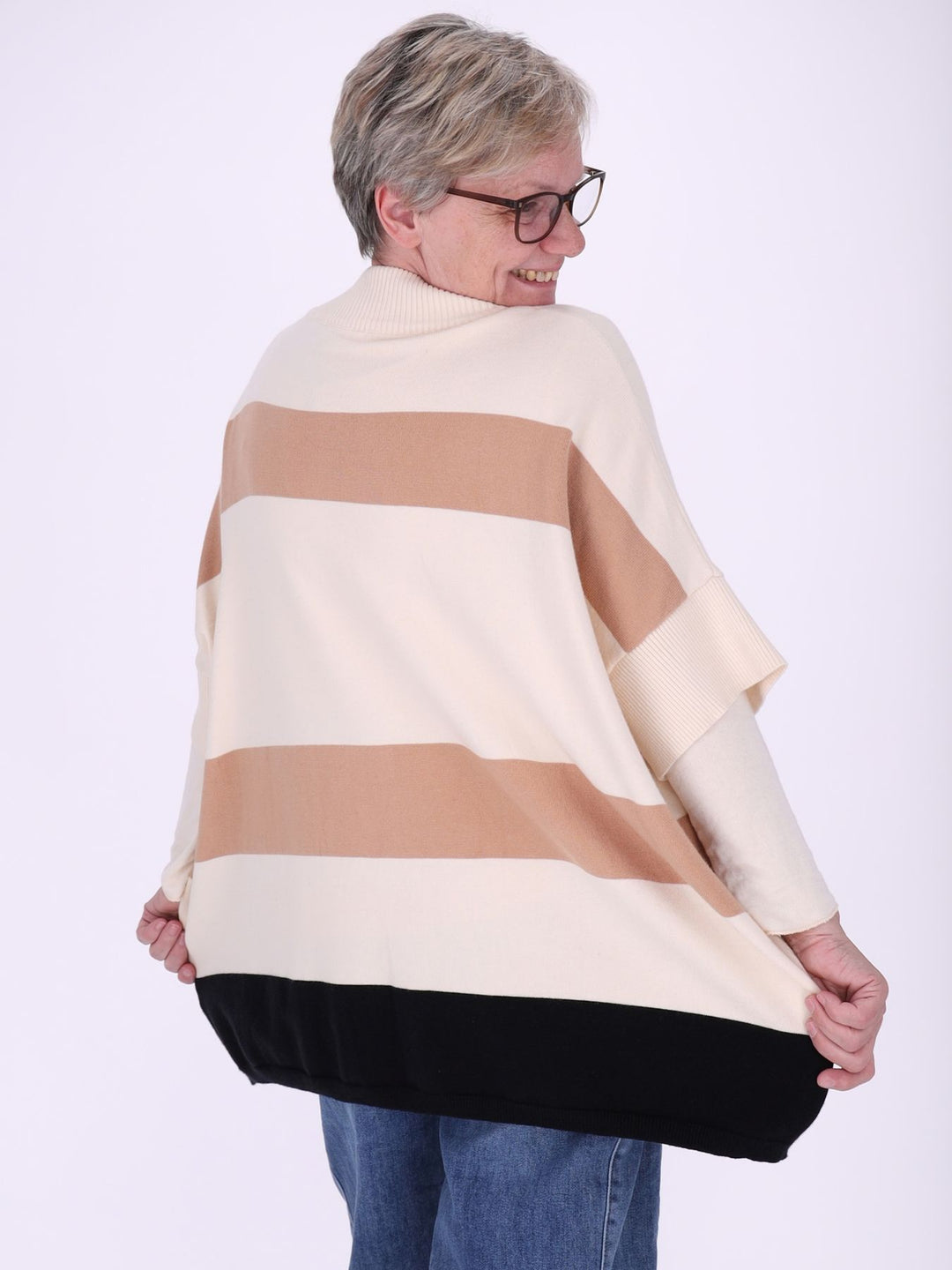 Gestreifte Strickjacke Damen mit Reißverschluss – Kurzarm in Creme, Beige & Schwarz