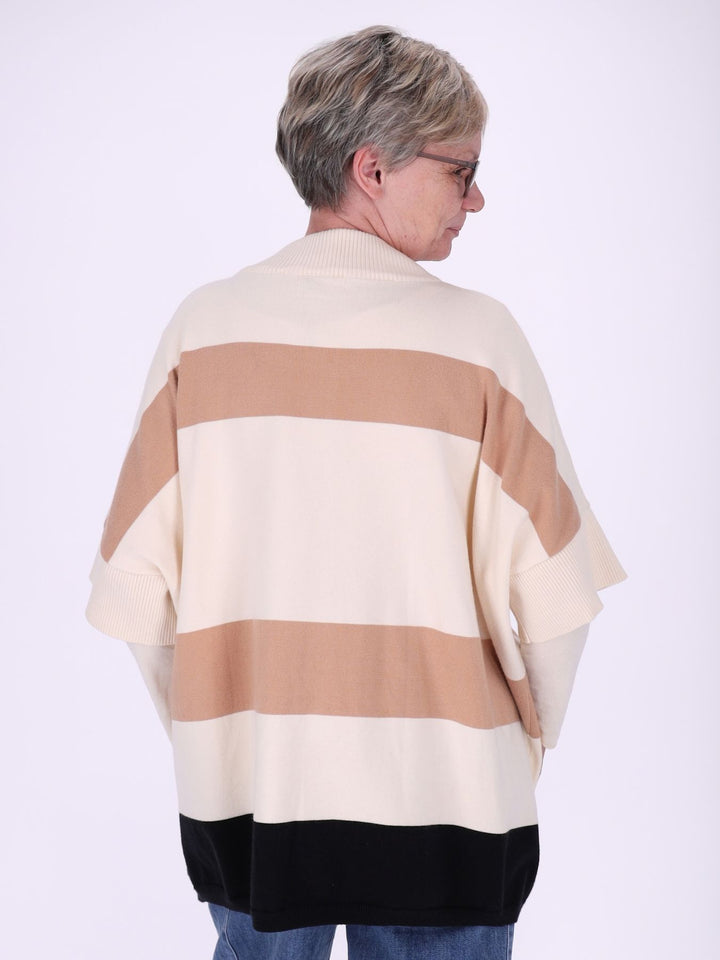 Gestreifte Strickjacke Damen mit Reißverschluss – Kurzarm in Creme, Beige & Schwarz