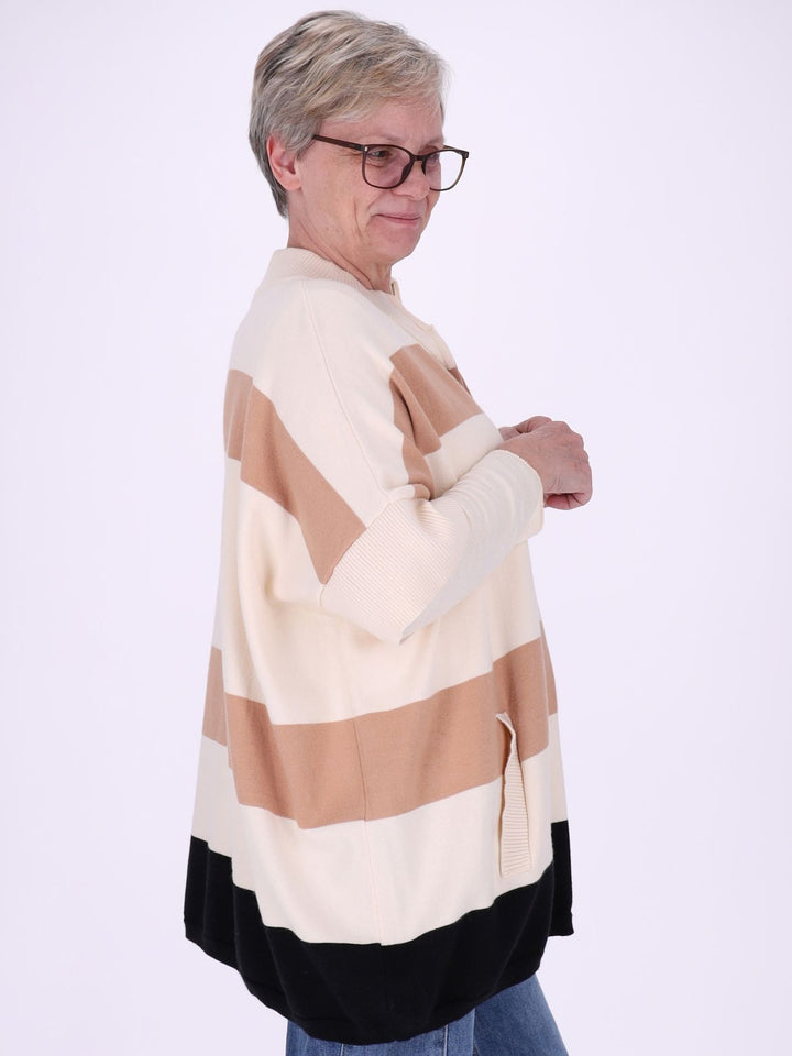 Gestreifte Strickjacke Damen mit Reißverschluss – Kurzarm in Creme, Beige & Schwarz