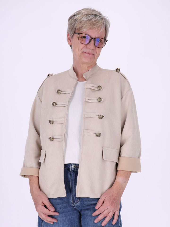 Beige Military Jacke Damen in Veloursoptik – offen & detailreich