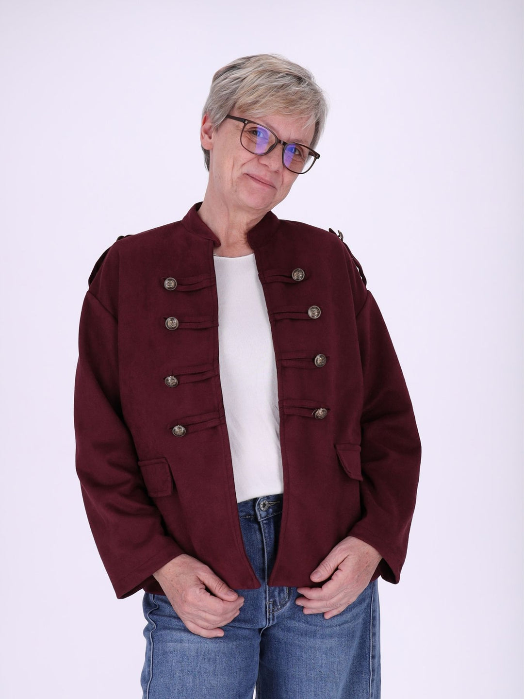 Bordeaux Military Jacke Damen in Veloursoptik – offen & detailreich