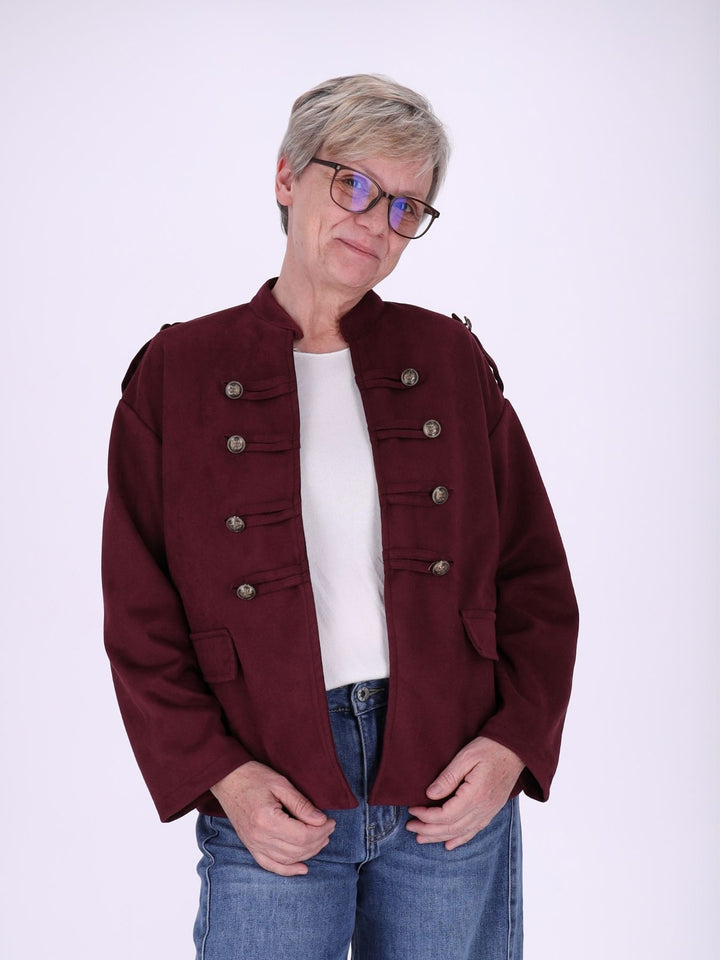 Bordeaux Military Jacke Damen in Veloursoptik – offen & detailreich