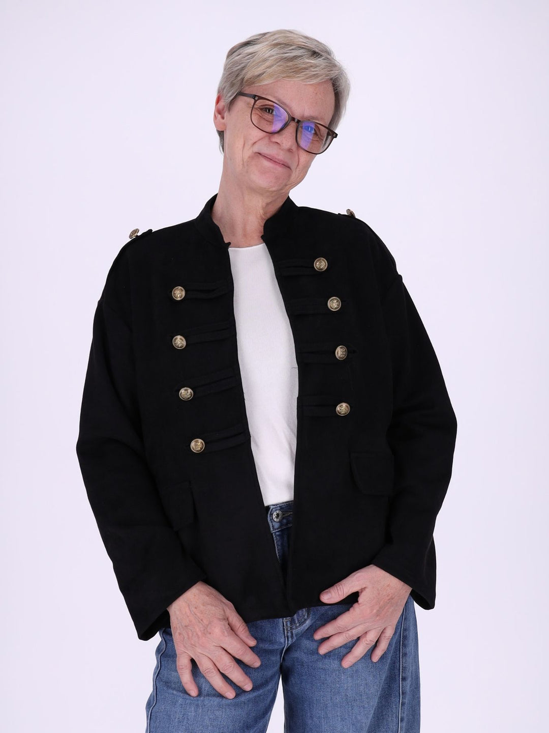 Schwarze Military Jacke Damen in Veloursoptik – offen & detailreich