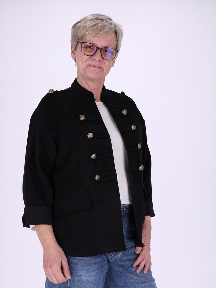 Schwarze Military Jacke Damen in Veloursoptik – offen & detailreich