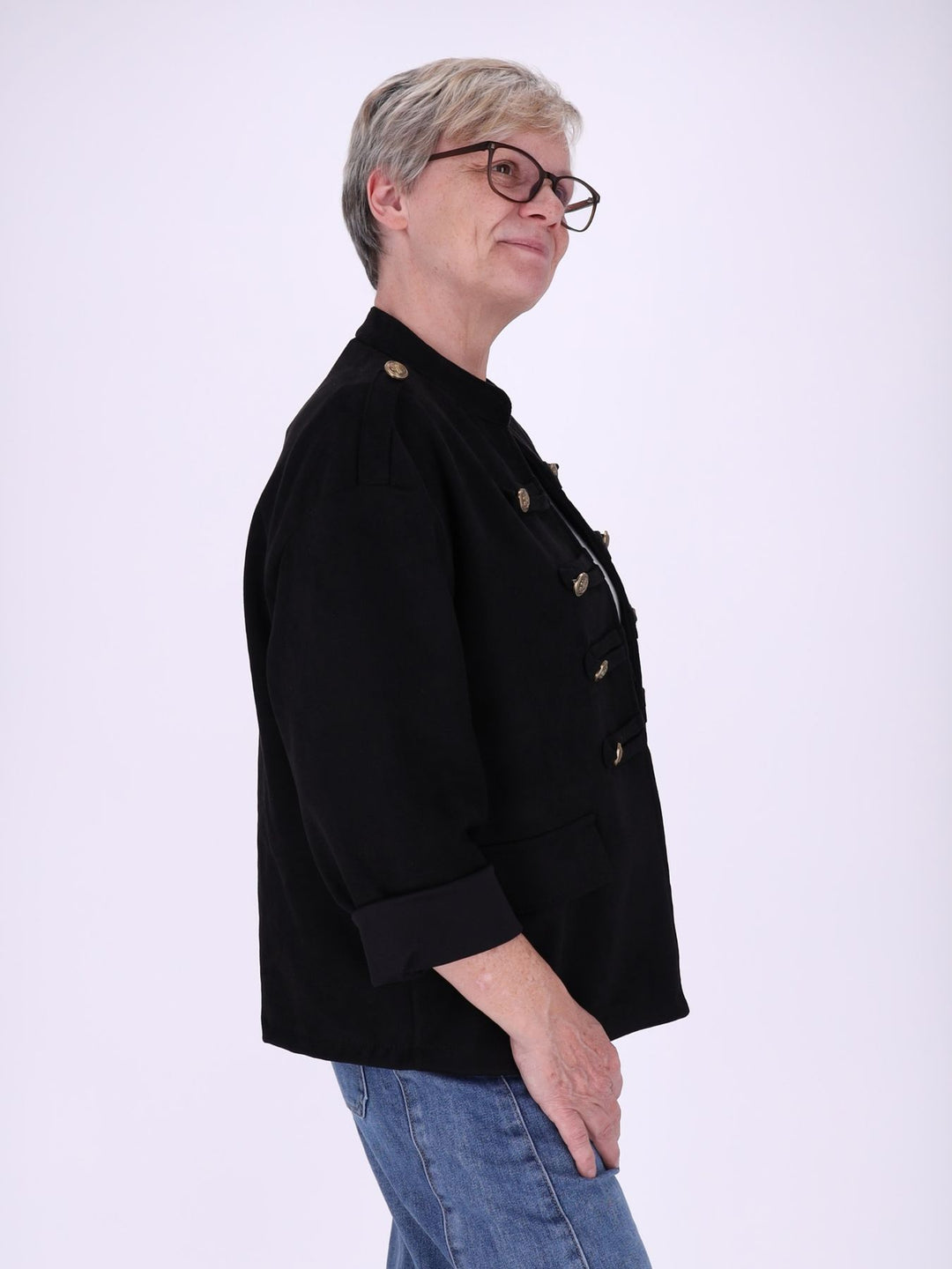 Schwarze Military Jacke Damen in Veloursoptik – offen & detailreich