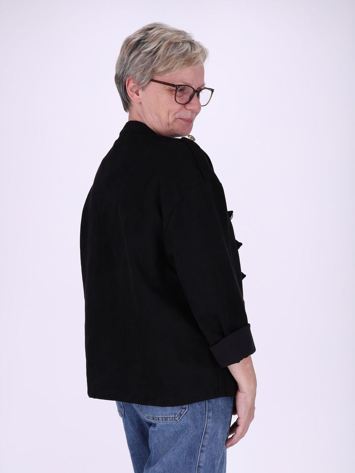 Schwarze Military Jacke Damen in Veloursoptik – offen & detailreich