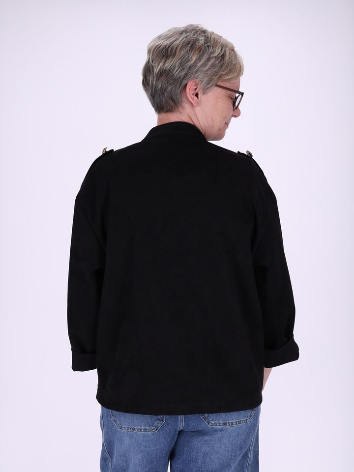 Schwarze Military Jacke Damen in Veloursoptik – offen & detailreich