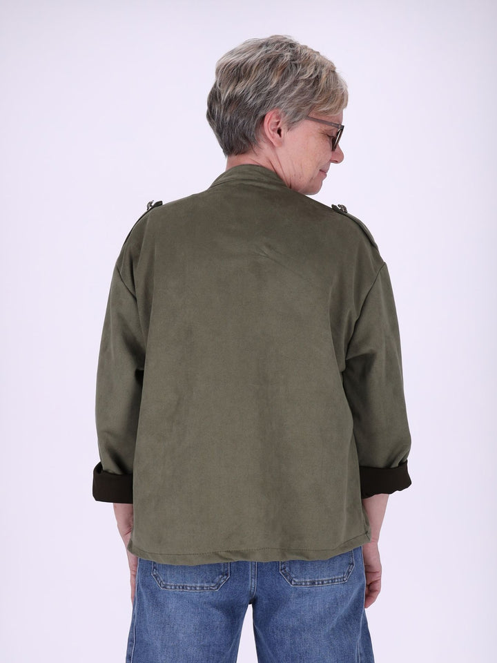 Khaki Military Jacke Damen in Veloursoptik – offen & detailreich