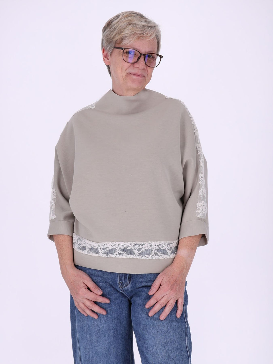 Sweatshirt Damen Spitze an Bund und Ärmel