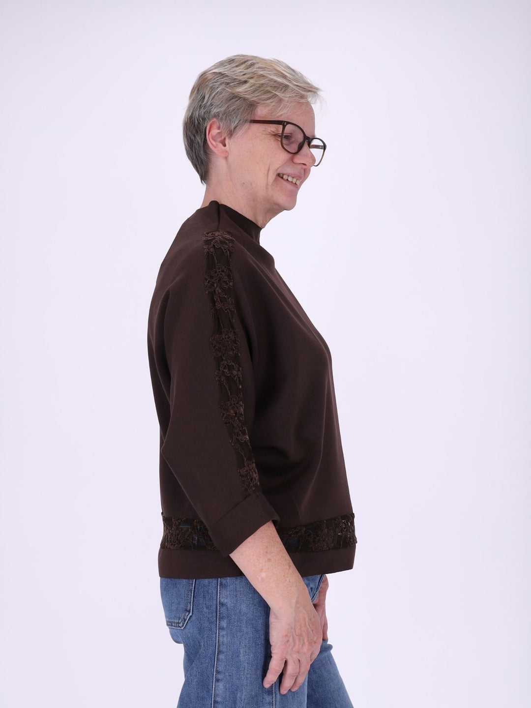 Sweatshirt Damen Spitze an Bund und Ärmel