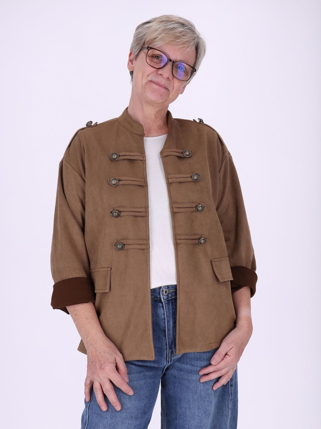 Caramel Military Jacke Damen in Veloursoptik – offen & detailreich