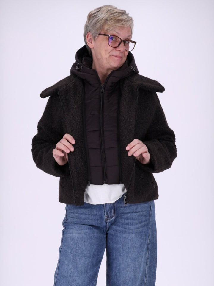 Schwarze Damen Bouclé-Jacke mit abtrennbarer Steppjacke – kuschelig, modern & vielseitig