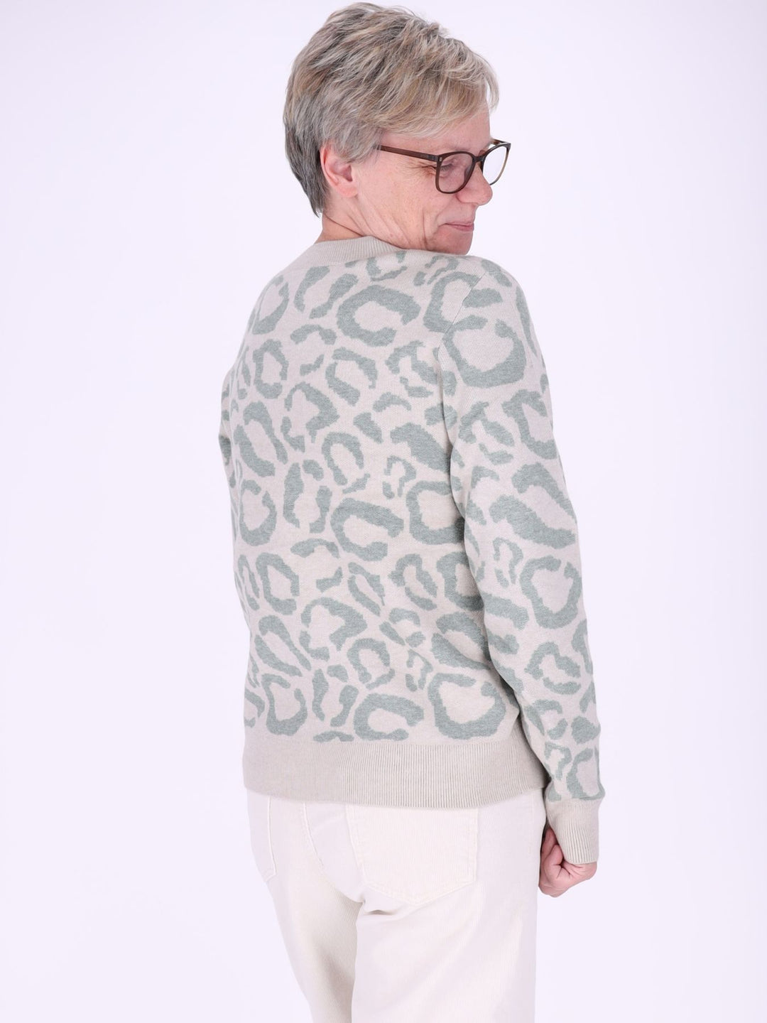 Damen Strickpullover mit Leo-Muster – Creme-Mint, weich & modern