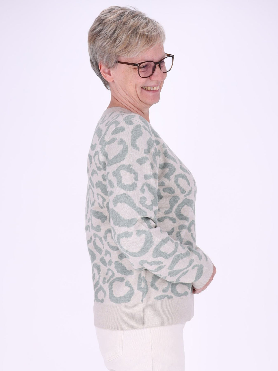Damen Strickpullover mit Leo-Muster – Creme-Mint, weich & modern