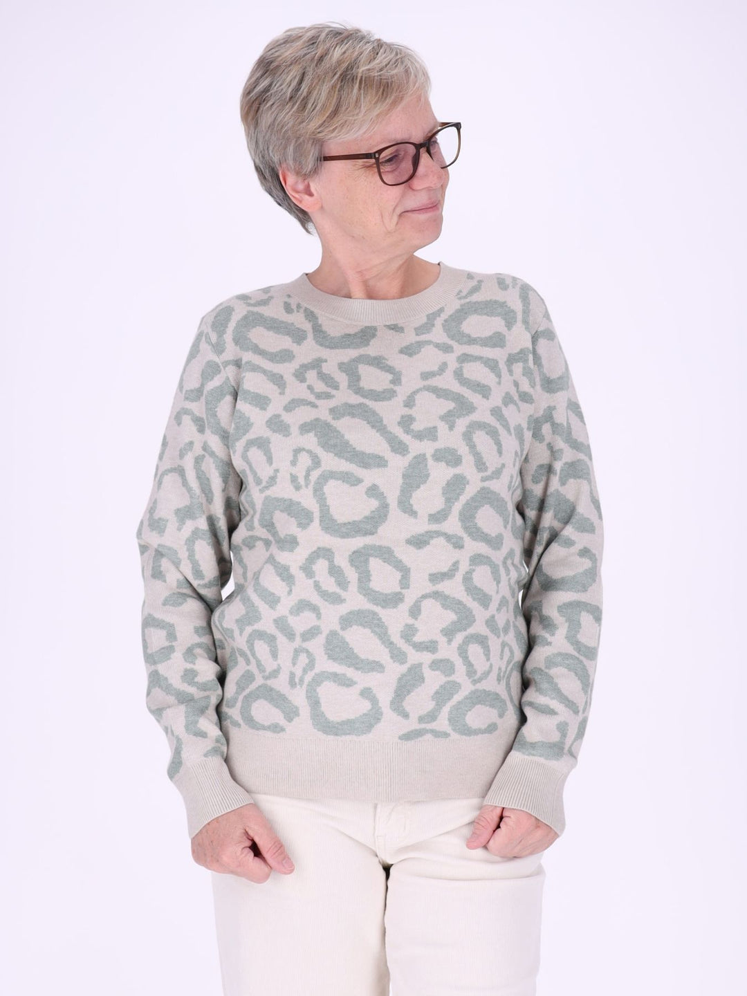 Damen Strickpullover mit Leo-Muster – Creme-Mint, weich & modern