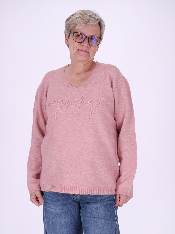 Damen Strickpullover mit Schriftzug in Rosa – weich, feminin & modern