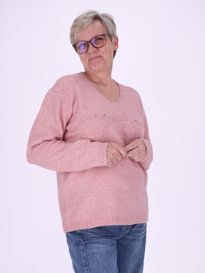 Damen Strickpullover mit Schriftzug in Rosa – weich, feminin & modern