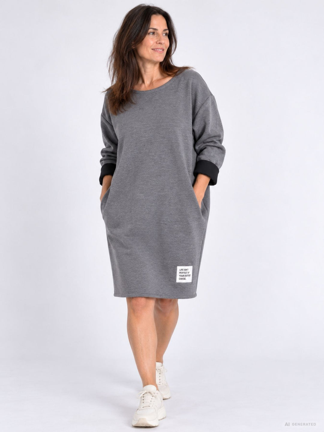 Kleid Damen Langarm Seitentaschen