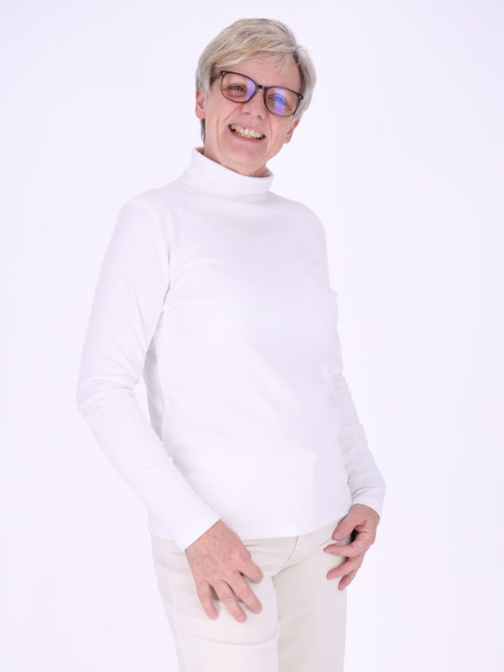 Rollkragenpullover Damen Langarm aus 100 % Baumwolle – Weiß