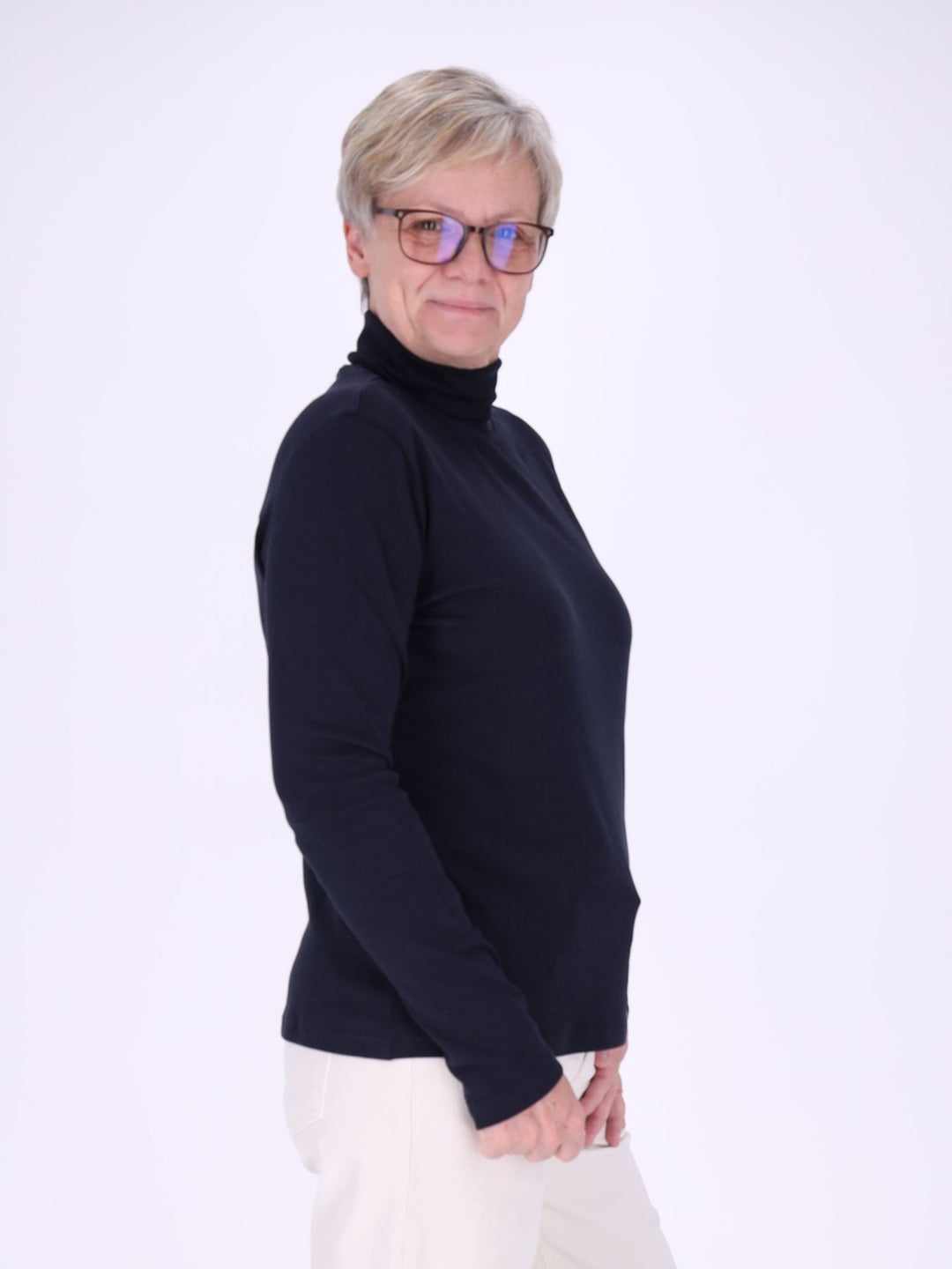 Rollkragenpullover Damen Langarm aus 100 % Baumwolle – Dunkelblau