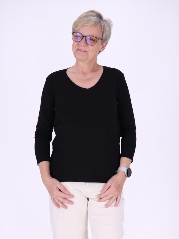V-Ausschnitt Shirt Damen mit 3/4-Arm aus 100 % Baumwolle – Schwarz